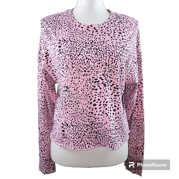 Monrow Cheetah Hot Pink Boyfriend Cutoff Long Sleeve Sweatshirt in Large - Picture 3 of 9